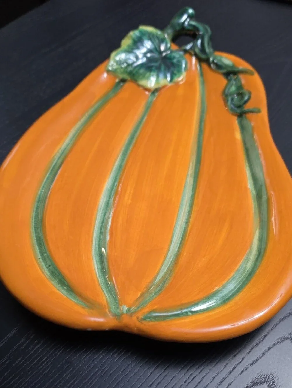 Festive Orange Ceramic Pumpkin Serving Platter with Green Accent - Picture 3 of 10